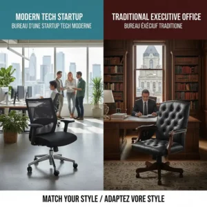 A style guide showing a mesh chair in a tech startup setting vs. a leather chair in a traditional legal or executive office.