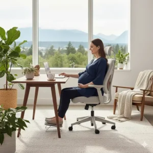 Stylized illustration of a stylish office chair for pregnant women in a cozy Vancouver-inspired home office.