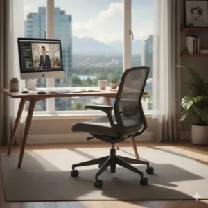 A cozy Vancouver-style apartment office featuring a sleek grey mesh office chair near a window.