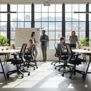 A row of professional mesh office chairs in a Montreal tech startup’s collaborative workspace.