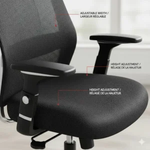 Top-down view showing inward-adjusting armrests on an office chair for a short person to provide better shoulder support.
