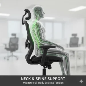 Detailed view of headrest and thoracic support on an ergonomic chair to mitigate full-body sciatica tension.