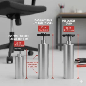A scale comparison of standard gas lifts versus a lower-profile cylinder used in an office chair for a short person in Canada.