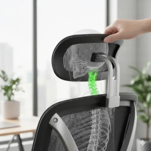 Adjustable headrest on an ergonomic chair providing cervical spine support for office workers.