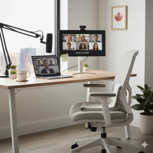 A neutral-toned ergonomic office chair fitting a professional Canadian "bureau à domicile" aesthetic for video calls.