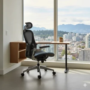 Compact ergonomic chair for herniated disc comfort in a Vancouver-style condo office.