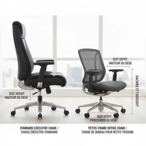 Side-by-side comparison of a standard Canadian executive chair versus a specialized office chair for a short person.