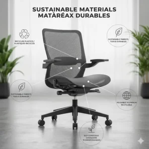 Illustration highlighting the sustainable, recyclable materials of a mesh office chair for eco-conscious Canadians.