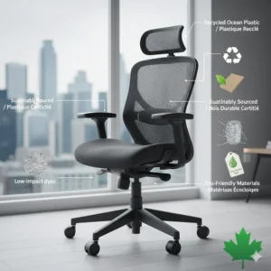 Illustration highlighting recycled materials used in a Canadian-distributed ergonomic desk chair for programmers.