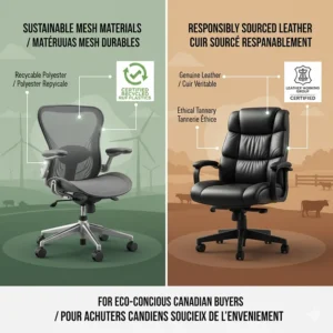 Illustration of recyclable mesh components vs. responsibly sourced leather materials for eco-conscious Canadian buyers.