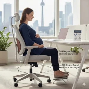 A stable 360-degree swivel office chair for pregnant women, designed for easy mobility in a home office.
