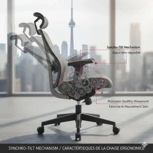 Technical drawing of a synchro-tilt mechanism allowing for healthy movement and back support while reclining.