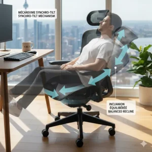 Illustration of the synchro-tilt reclining feature on a heavy-duty office chair for long hours sitting.