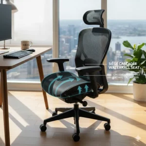 Illustration of a waterfall seat edge design on a desk chair to improve leg circulation during long hours sitting.