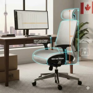 Diagram of a wide-seat ergonomic chair showing extra width and height adjustments for tall Canadian professionals.
