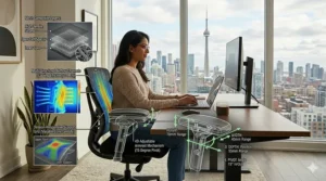 Diagram of adjustable 4D armrests on a work from home chair to ensure proper desk ergonomics and wrist health.