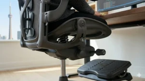 Illustration of the 90-degree elbow angle supported by an adjustable armrest on an ergonomic office chair for posture with English and French terminology.