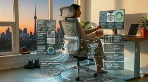 Graphic showing 4D adjustable armrests on a breathable fabric desk chair for personalized comfort.