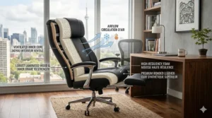 Internal ergonomic view of the adjustable lumbar support system and headrest on an executive chair with footrest reclining for back health.