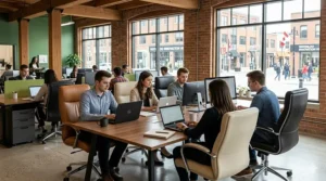 Group of mid-back leather office chairs in a collaborative tech startup hub in Waterloo, Ontario, showing varied colors and modern office setting.