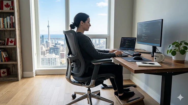 A professional working in a modern Toronto home office using an ergonomic office chair for posture with the CN Tower visible through the window.