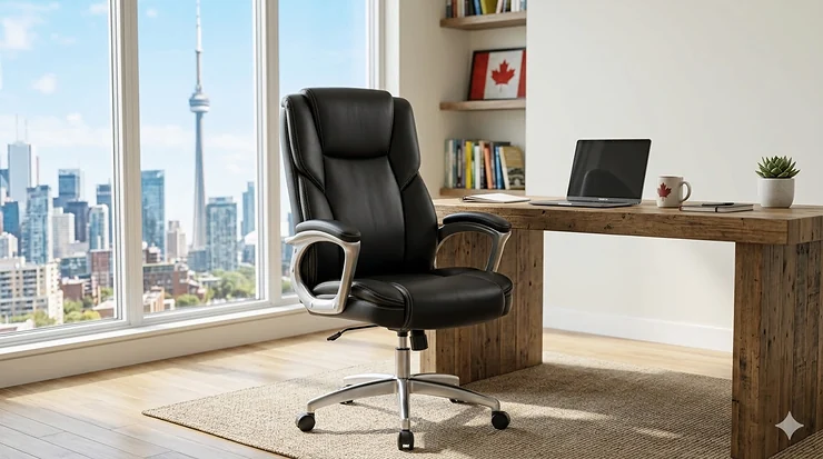 Ergonomic black PU leather office chair in a modern Toronto home office setting with natural light.