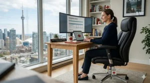 Quality assurance seal for executive office chairs with English and French bilingual warranty coverage in Canada.