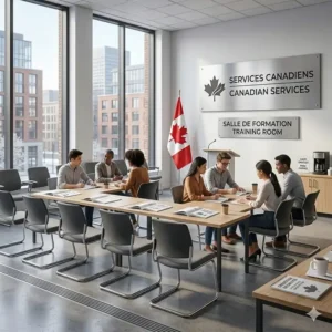 Multi-purpose stacking chairs in a Canadian government office featuring bilingual English and French signage.