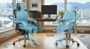 Technical illustration showing 360-degree airflow through a full mesh ergonomic chair for summer comfort.
