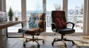 Infographic showing airflow through genuine leather vs heat retention in a faux leather office chair.