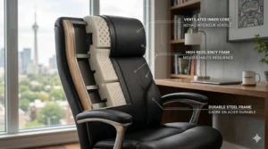Cross-section diagram of breathable leather and high-resiliency foam on an executive reclining chair with bilingual material descriptions.