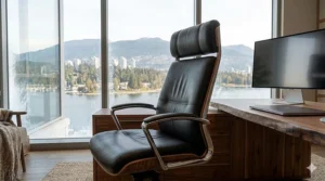Illustration of breathable materials on a luxury executive office chair, designed for comfort across changing Canadian seasons.
