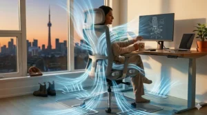 Close-up illustration showing airflow through breathable fabric office chairs to keep Canadian workers cool in summer.