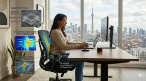 Technical drawing of a breathable mesh chair for work from home, ideal for staying cool during Canadian summer months.