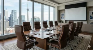 A professional Toronto boardroom featuring a row of dark brown leather office chairs with a view of the CN Tower.