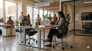 Modern task chair in a Montreal office with bilingual English and French signage.