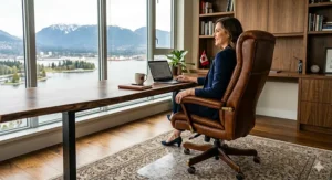 Canadian-designed brown leather office chair featuring a maple leaf brand tag, highlighting local quality standards.
