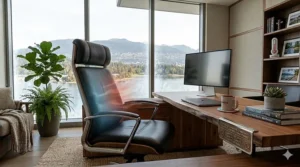 Graphic showing a luxury executive office chair meeting Canadian safety and quality standards with bilingual English and French labels.