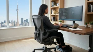 Detailed view of the cervical spine and head alignment while sitting in an office chair for posture to prevent neck strain in a workplace setting.