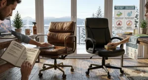 A "How to Clean" illustration for office chairs with bilingual English and French instructions (Nettoyage et Entretien).