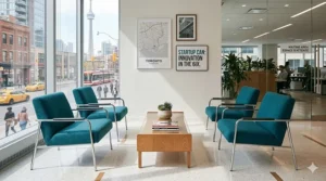 Modern reception chairs with sleek metal legs, ideal for a contemporary Toronto startup or professional firm waiting room.