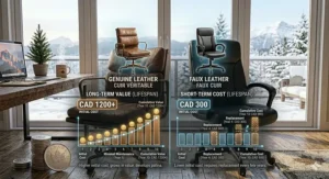 A graph comparing the upfront cost in CAD versus the long-term value of genuine leather vs faux leather office chairs.