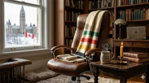 Warm brown leather office chair styled in a cozy Ottawa study, with a Canadian wool blanket and view of Parliament Hill through the snowy window.