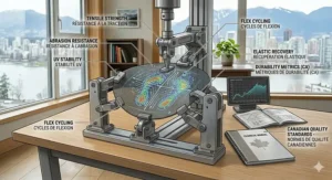 Illustration of durability testing for high-quality mesh textiles used in Canadian professional office furniture.