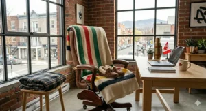 Durable brown leather office chair paired with a traditional Hudson's Bay style wool blanket for winter comfort in Canada.