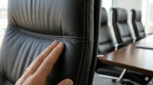Close-up illustration of genuine grain leather office chairs showing high-quality stitching and durability details in a professional setting.
