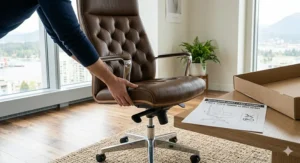 Step-by-step assembly guide for a brown leather office chair with bilingual English and French instructions for Canadian consumers.