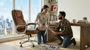 Step-by-step illustration for easy assembly of a brown PU leather executive chair.