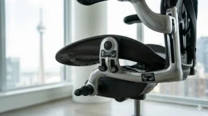 Close-up of chair adjustment levers with English and French labels for the Canadian market.