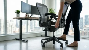 Illustration showing how to choose ergonomic chair height so feet rest flat on a floor or footrest.